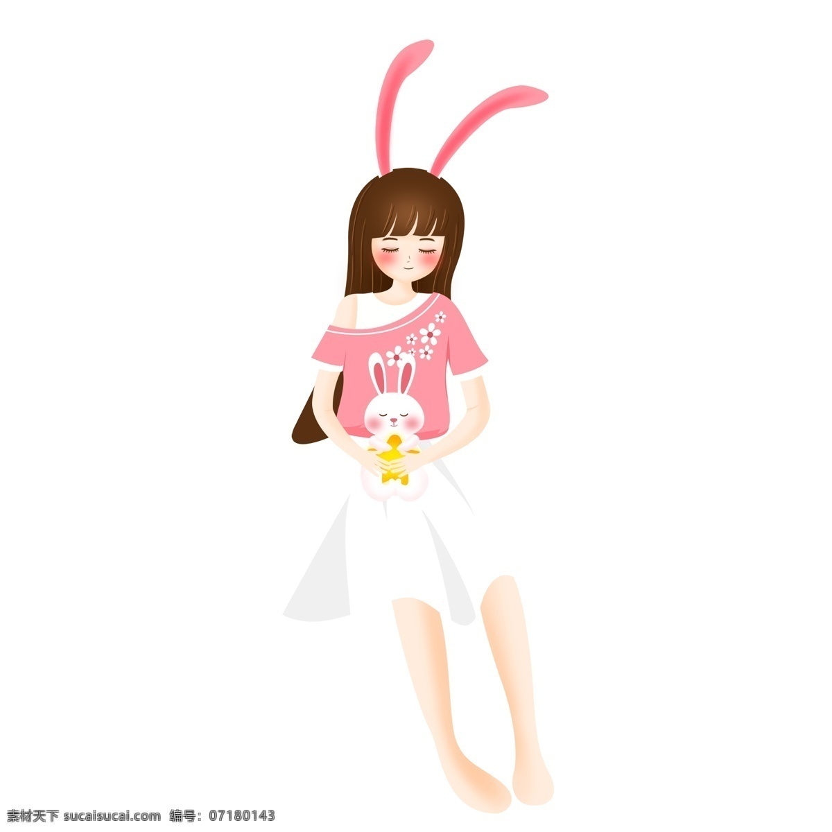 卡通 爱带 兔 耳朵 女孩 手绘 清新 可爱 女生 人物 插画 兔耳朵 少女