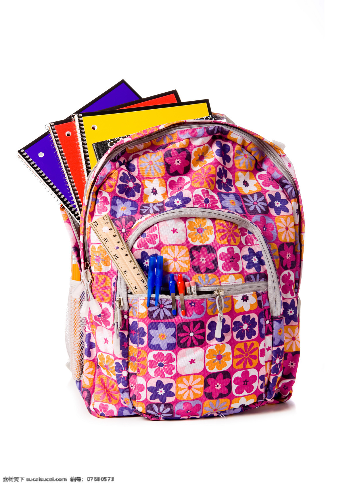 书包 尺子 学习用品 物品 开学 上学 笔记本 笔 圆珠笔 碎花书包 办公学习 生活百科 白色