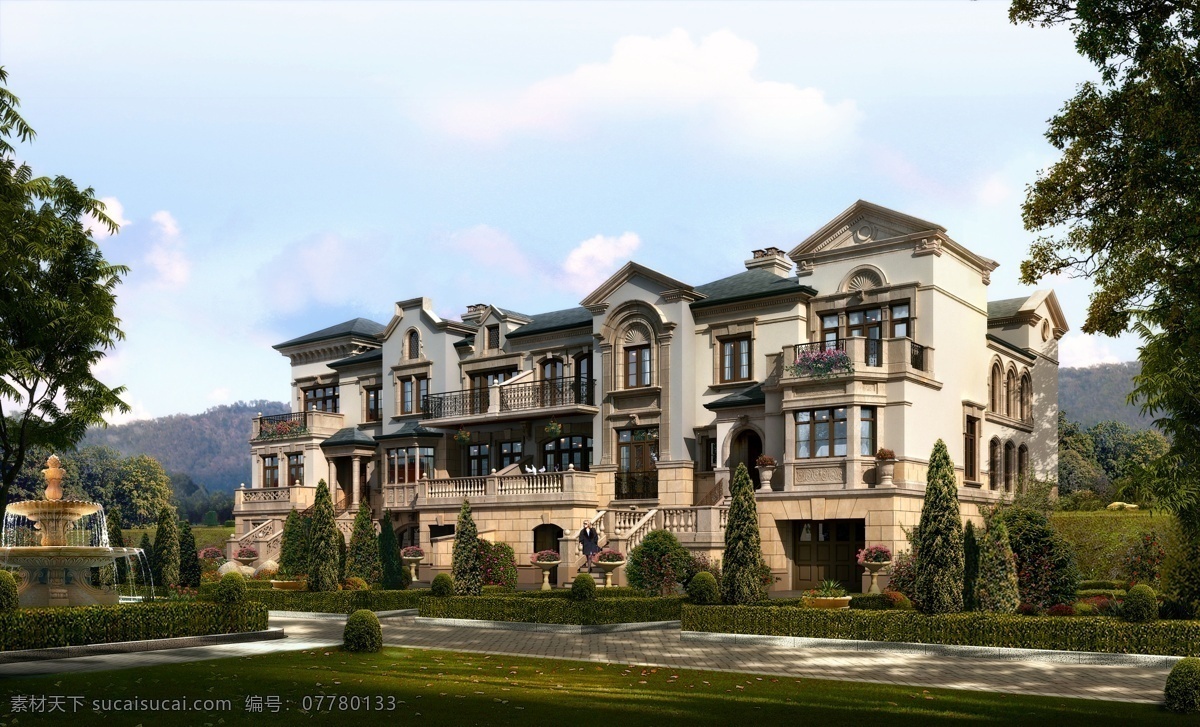 别墅 环境设计 建筑设计 欧式建筑 喷泉 植物 欧式 建筑 模板下载 欧式别墅建筑 绿篱 家居装饰素材