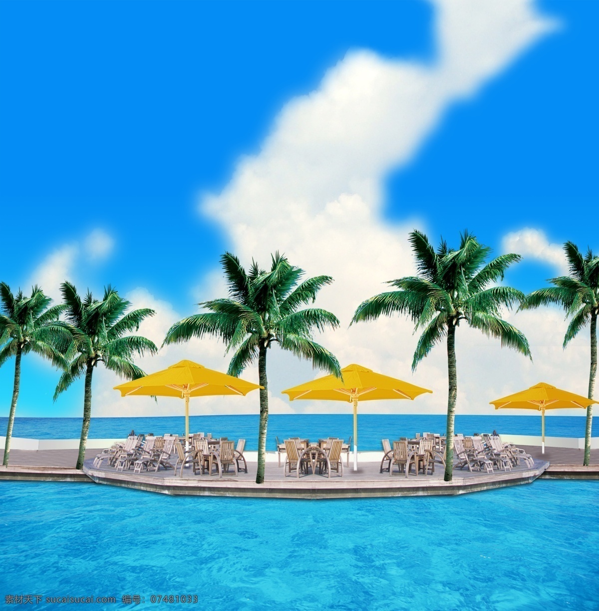 海滨休闲风景 大海 桌子 凳子 椰树 蓝天 白云 环境设计 景观设计