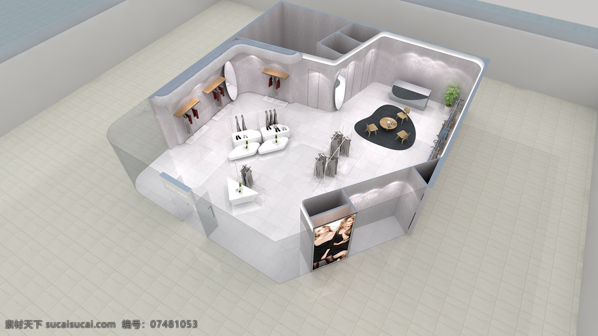 服装店空间图 服装店 效果图 3d 俯视图 室内 白色 布局 展览设计 环境设计