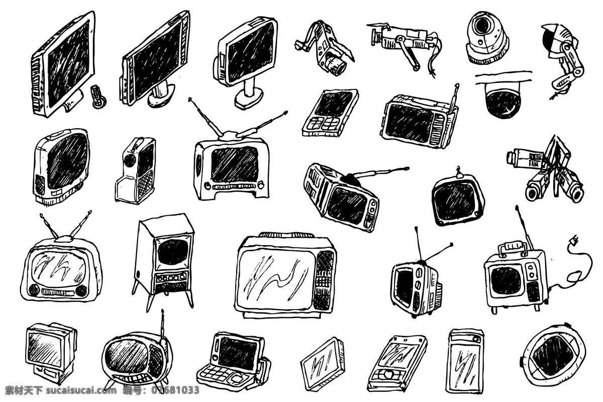 各种 电器 手绘 矢量图 电视 电脑 收音机 摄像头 音响 手绘图 简图 线条图 生活家电 小家电 矢量图片 其他艺术 文化艺术 矢量素材 白色