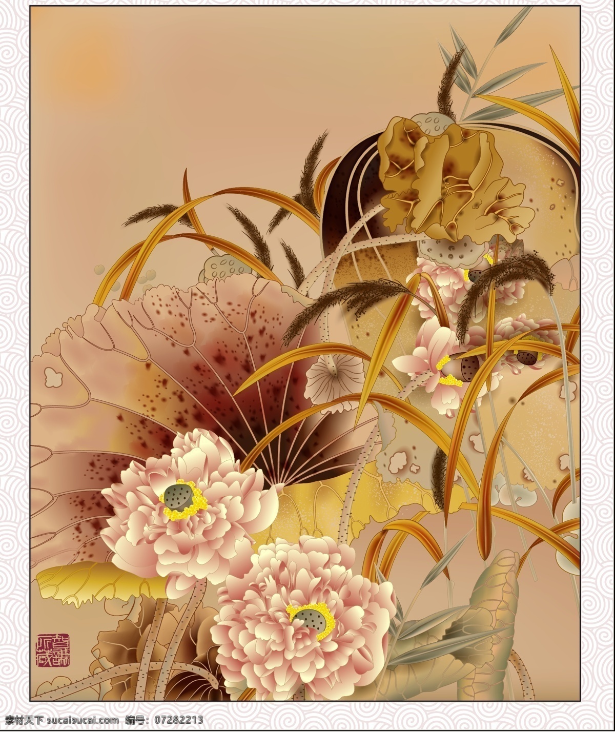 国画牡丹 牡丹 玫瑰 白花 白色 黄花 荷叶 芦苇 叶子 荷花 菊花 黄底 绘画 画画 画 油画 底图 图画 移门 工笔画 花 底纹背景 底纹边框 矢量