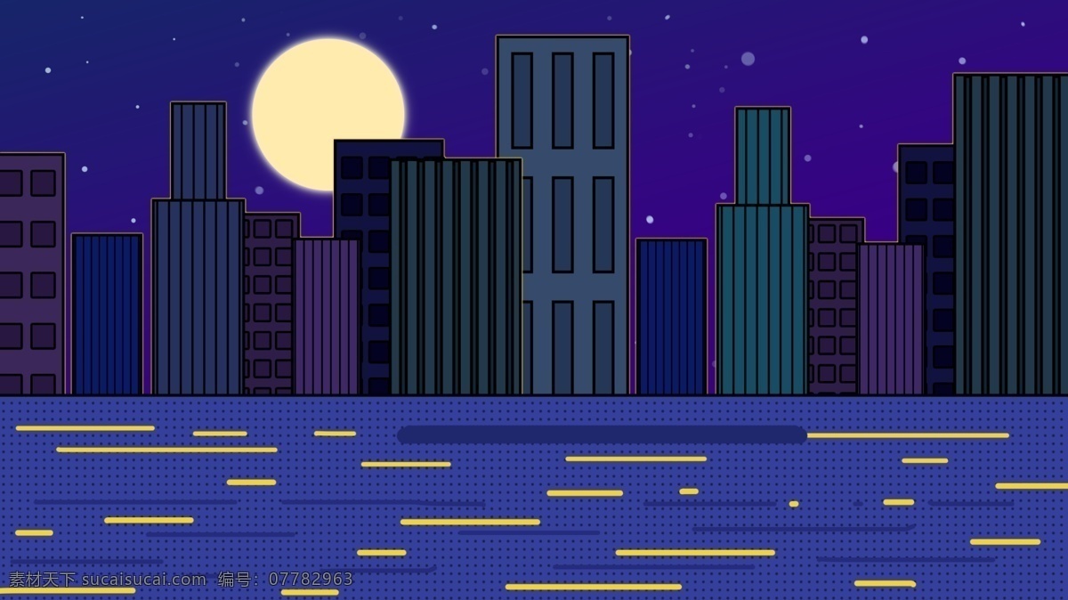 海边 城市 高楼 夜晚 明月 当空 卡通 背景
