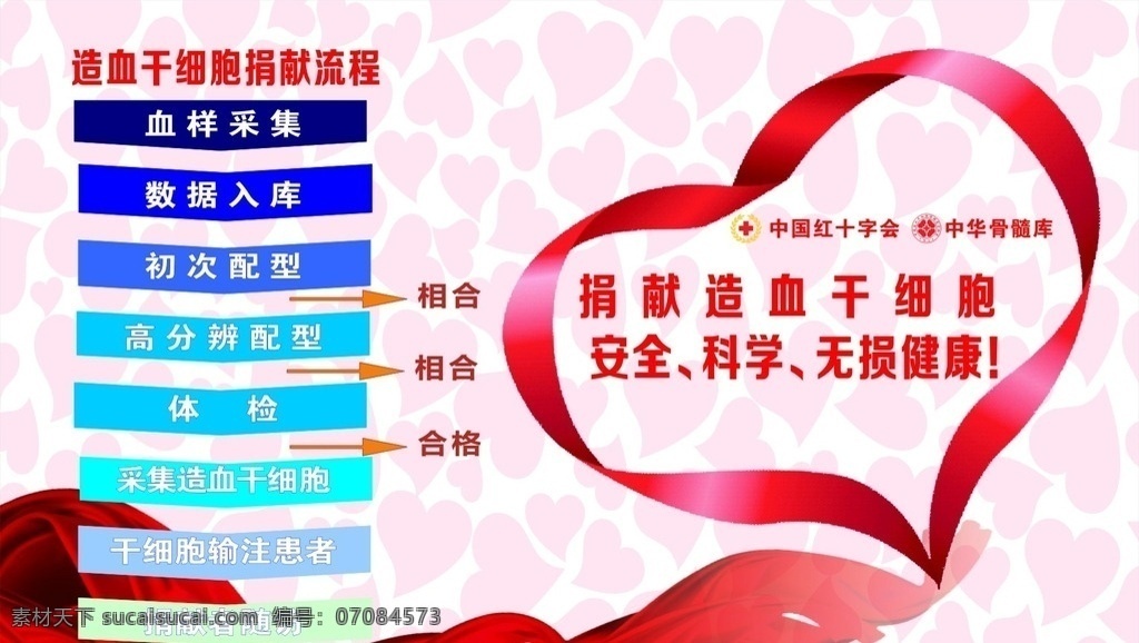中国红十字会 海报 造血干细胞 捐献流程 捐献 流程海报 红十字会 心形彩带