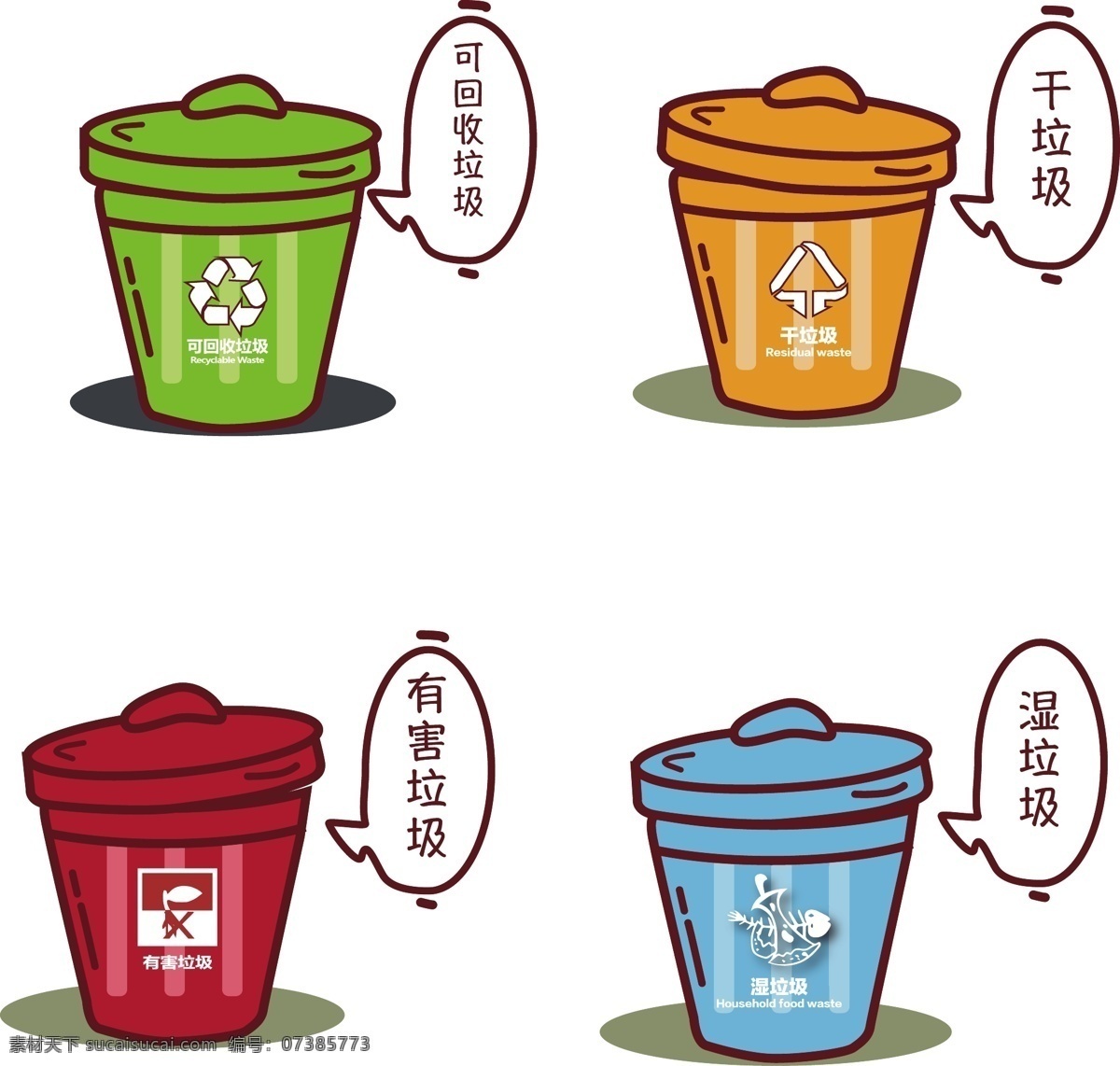 垃圾分类 卡通垃圾 干垃圾 湿垃圾 可回收垃圾 不可回收 垃圾桶 卡通垃圾桶 鱼骨头 彩色桶 彩色垃圾桶 标志图标 公共标识标志