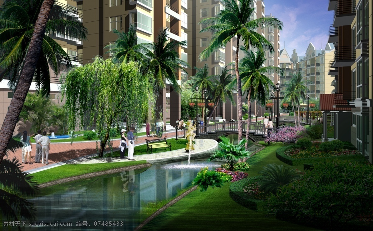 福乐 花园 环境设计 草地 长椅 房屋 河流 建筑物 景观设计 蓝色天空 人物 小桥 马路 鲜花 树木 装饰素材 园林景观设计
