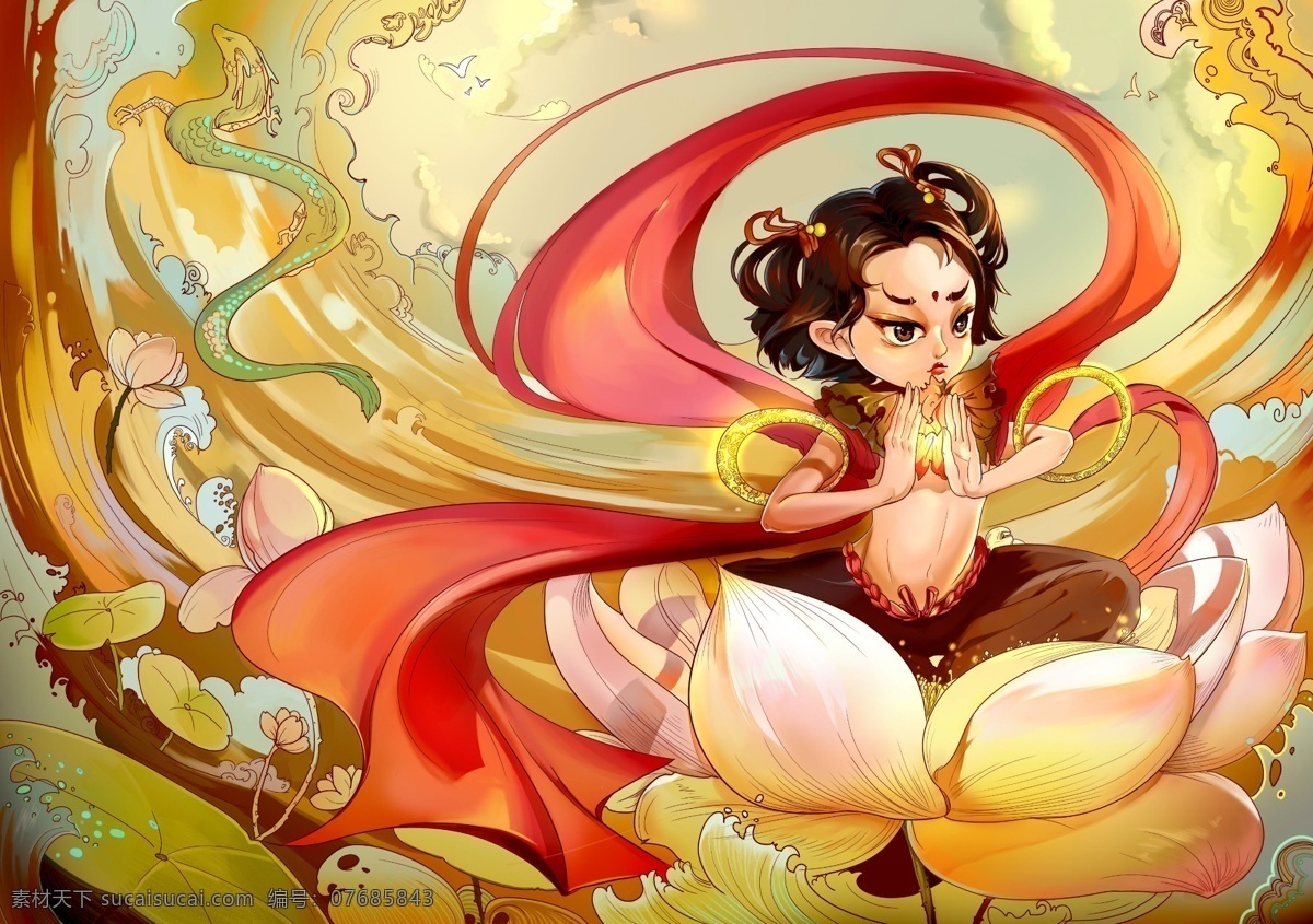 哪吒 闹 海中 国风 插画 中国风 神仙 传说 故事 情感表达