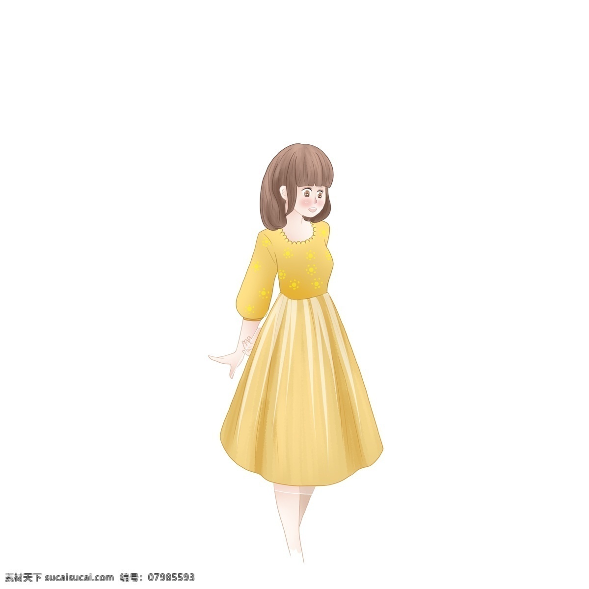 原创 唯美 黄 裙 女孩 元素 创意 卡通 图案元素