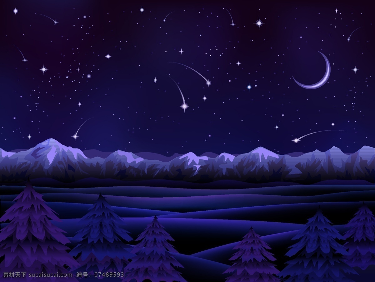 紫色 梦幻 雪夜 矢量 山脉 矢量风景 矢量图 树林 星光闪闪 夜空 夜晚 静谧 其他矢量图