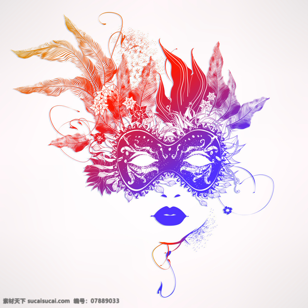 唯美 手绘 面具 女神 插画 渐变 人物 头像 羽毛