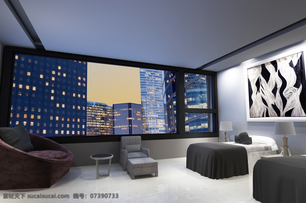 商务 酒店 标准 双人间 冷色 调 卧室 3d 效果图 创意 简约 现代 风格 套房 冷色调 工装