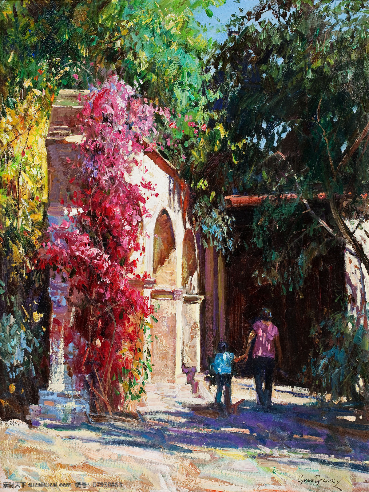 背景 风景 风景油画 拱门 户外 花卉 绘画书法 建筑 装饰画 油画 欧洲 阳光 树 紫藤 自然 小路 篮天 野外 印象派 文化艺术 装饰素材