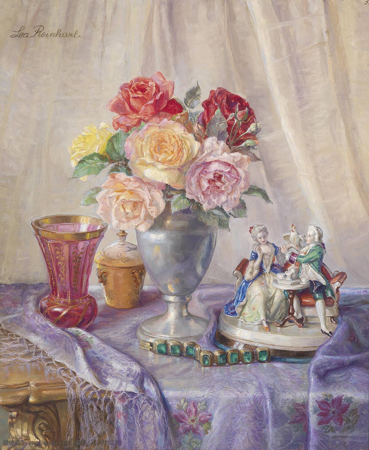 玻璃器皿 绘画书法 静物 文化艺术 油画 鲜花与花瓶 一男一女雕像 淡紫色桌布 沙帘 20世纪油画 装饰素材