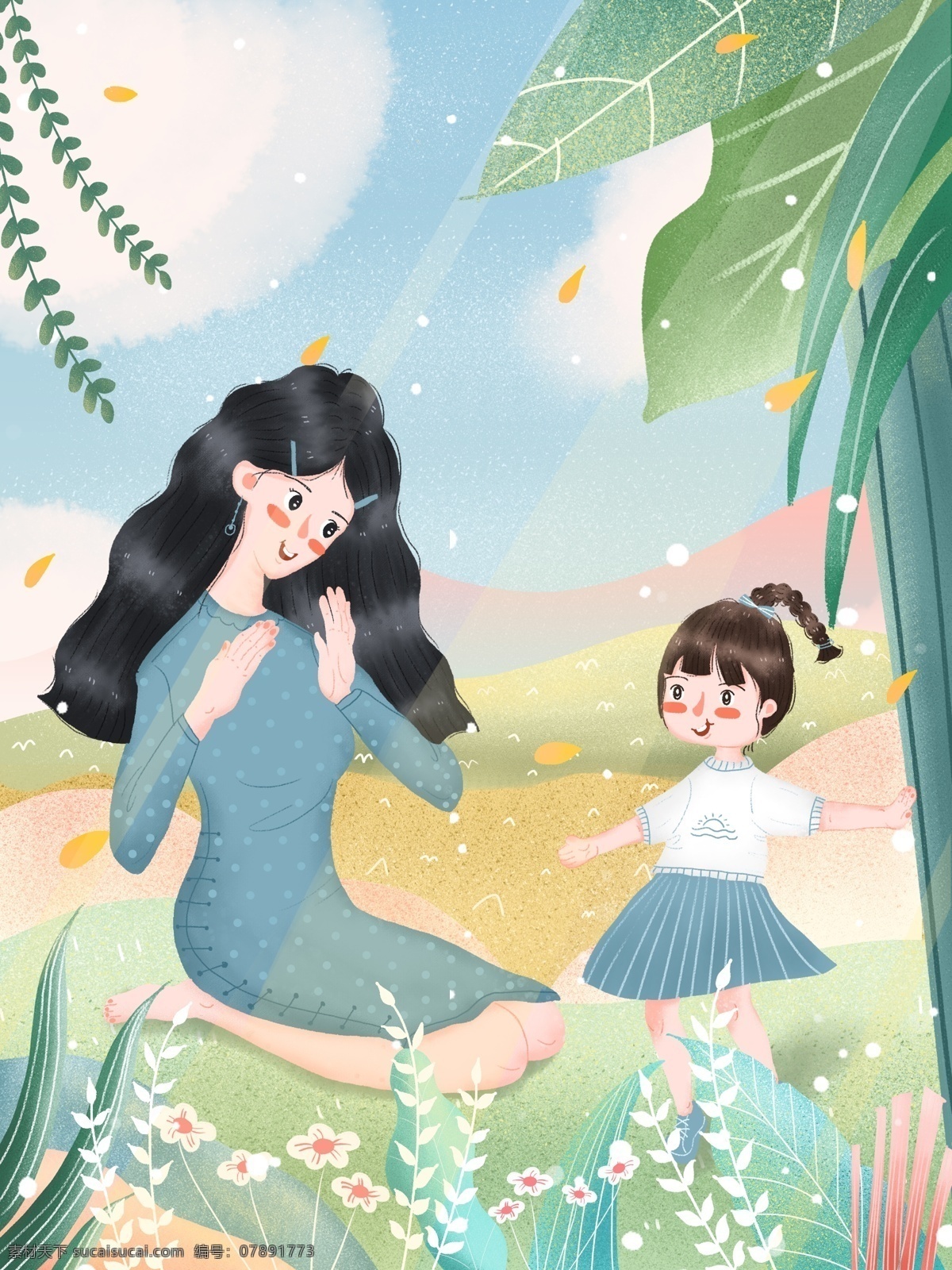 小 清新 治愈 系 母亲节 母女 玩耍 插画 小清新 治愈系 唯美 温馨场景 节日插画