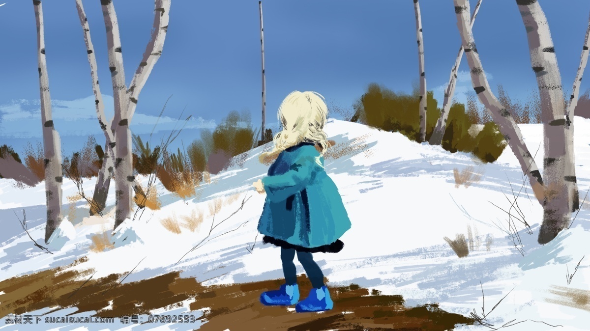 原创 油画 插画 立冬 冬天 小女孩 冬装 冰天雪地 安静 白桦林 白桦树 冷 清晨 早安