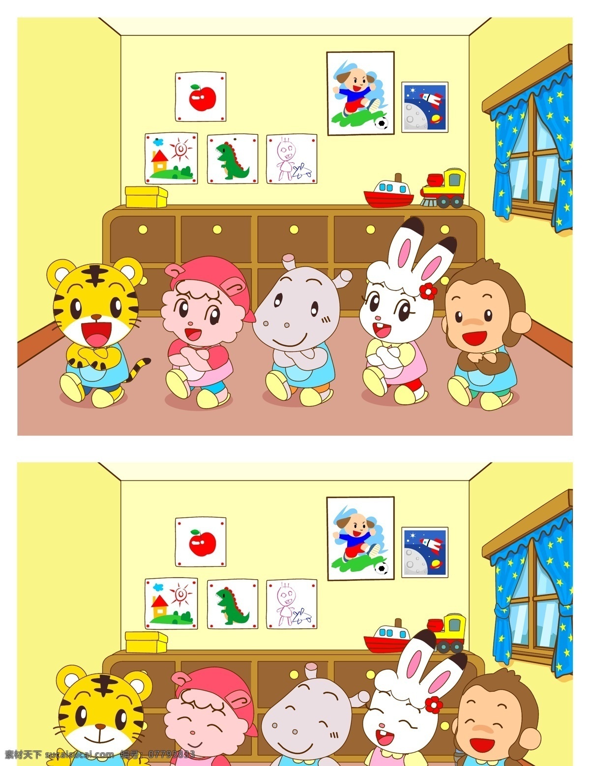 巧虎 幼稚园 兔子 羊 河马 猴子 幼儿园 柜子 画 窗户 玩具 矢量卡通 卡通设计