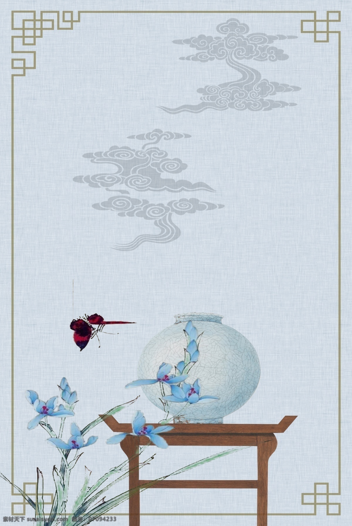 h5 清新 传统 古风 手绘 水墨 花鸟 纹理 背景 古典 蓝色