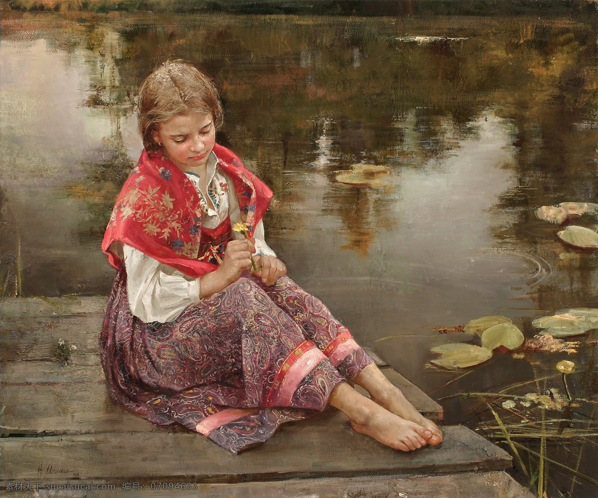 坐在 河边 花朵 女孩 油画 坐在河边 人物 绘画 艺术 书画文字 文化艺术