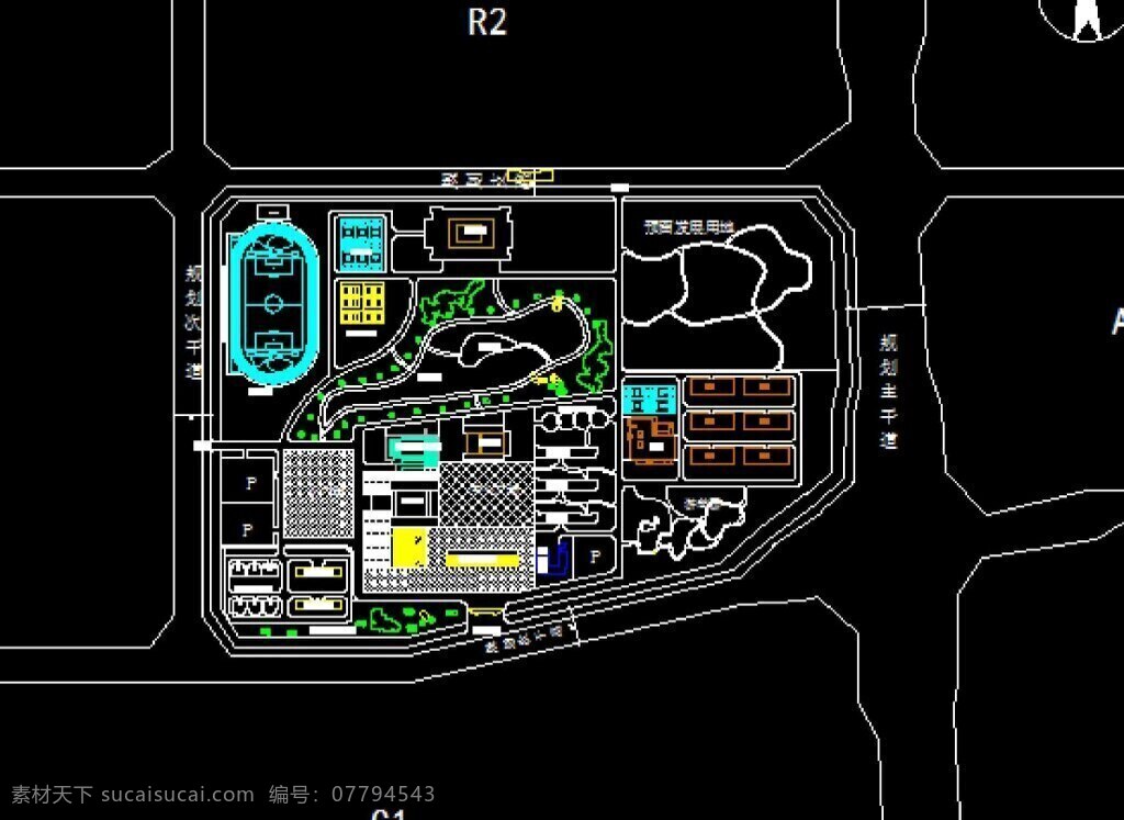 中学 总 平面设计 中学总平面图 校园规划 道路规划 操场 篮球场 校园 楼体 cad 图 dwg 黑色
