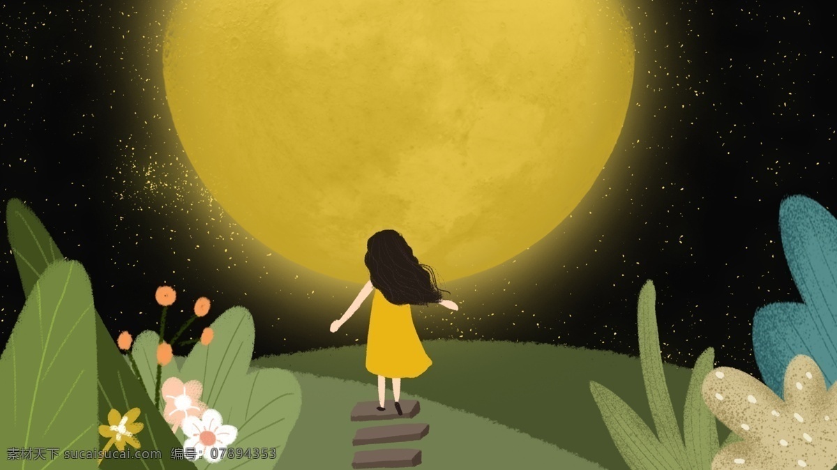 晚安 你好 月亮 女孩 背影 星空 夜晚 手机 配 图 手绘 星星 插画 小清新 晚安你好 配图 治愈