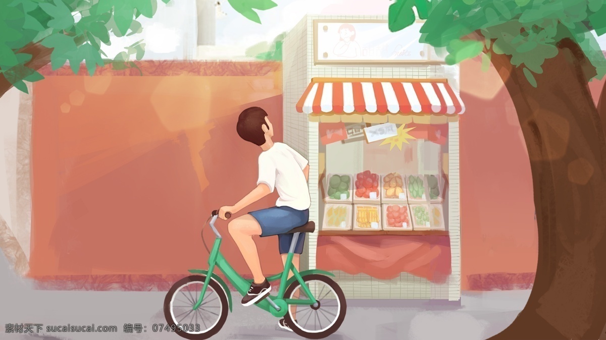 街角黄昏插画 街角 黄昏 水果店 商店 少年 骑车的人