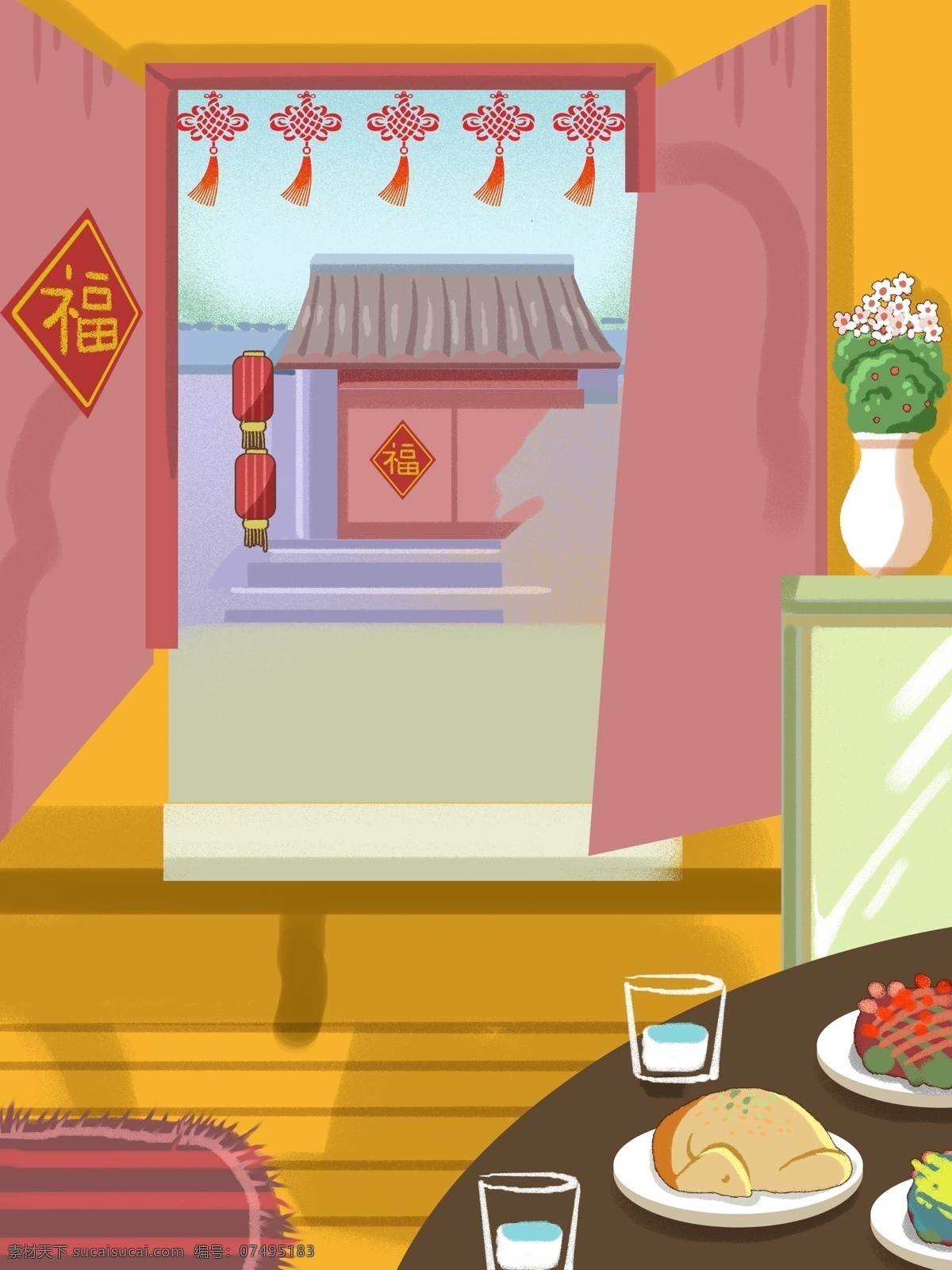 彩绘 中国 风 新年 早餐 背景 中国结 灯笼 福字 背景图 大门 psd背景 背景展板 促销背景 背景展板图