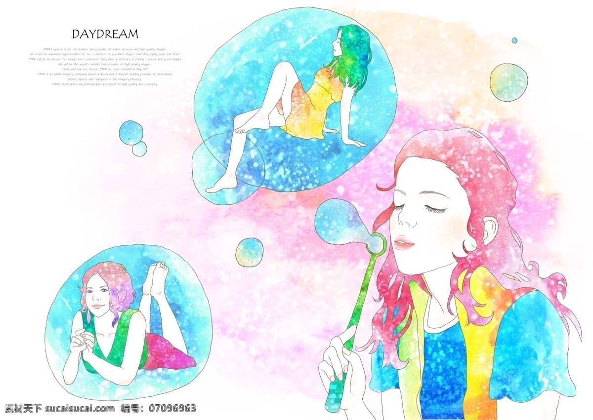 吹 泡泡 女孩子 插画 插画素材 吹泡泡 红发女孩 绿发女孩 psd源文件