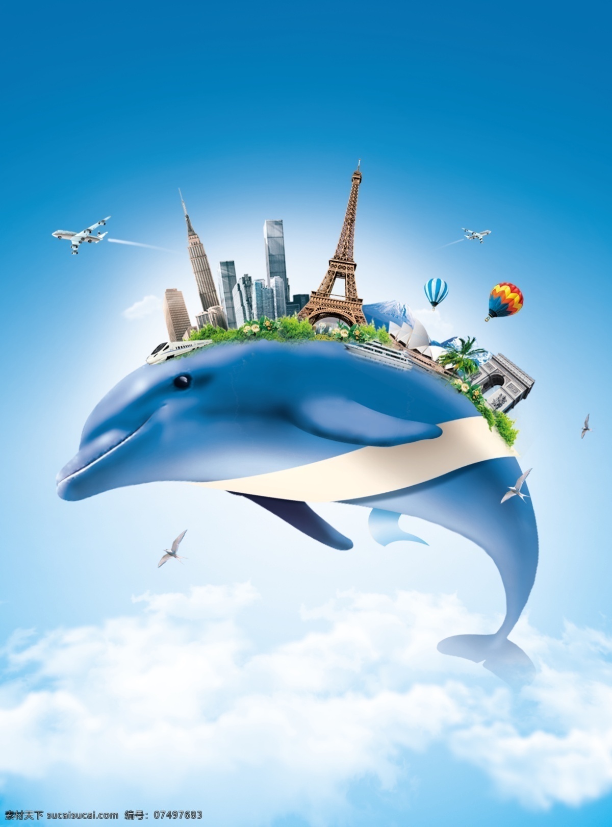 飞行 海豚 城市 广告设计模板 海陆空 蓝天 世界建筑 源文件 飞行的海豚 云海