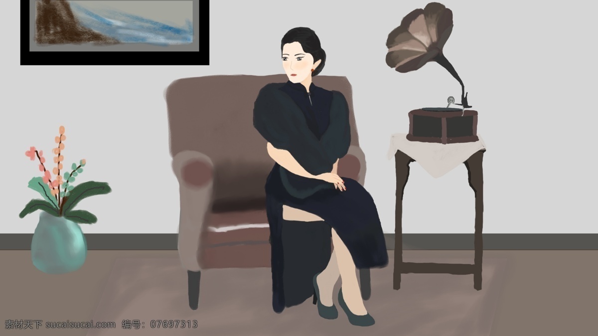 豪门 贵族 旗袍 女人 魅力 插画 民国