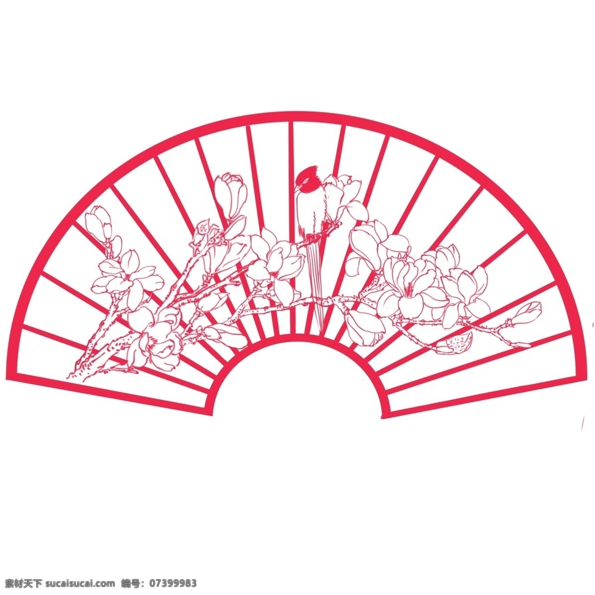 卡通 手绘 剪纸 花鸟 卡通手绘 漂亮的 红色的 中国红扇面 玉兰花 侧头俯视花的 鸟儿 树枝