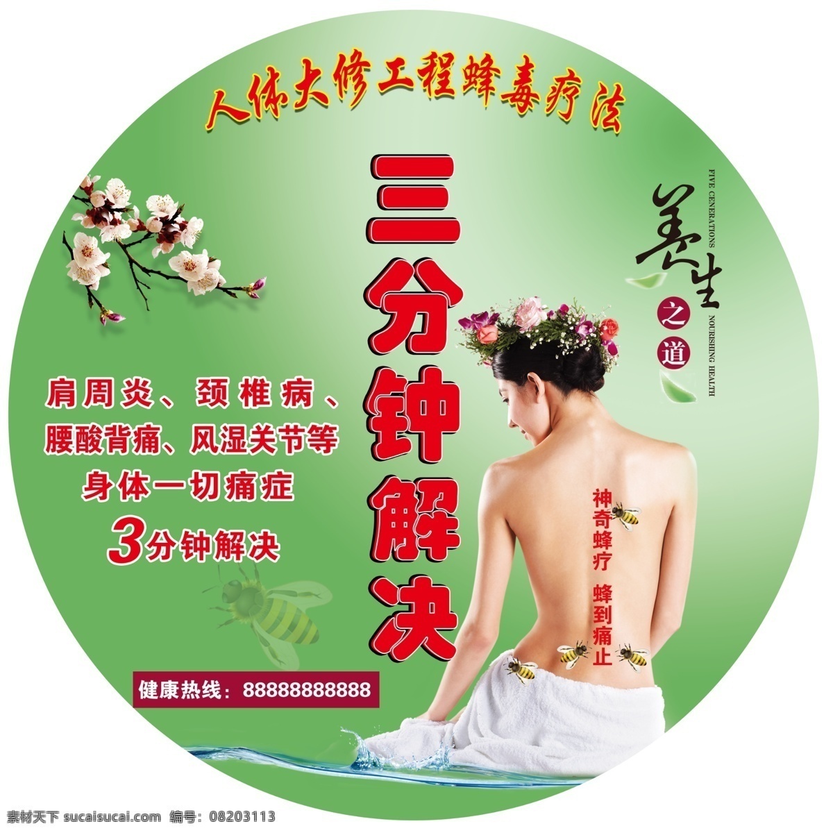 蜂疗 圆形地贴 分层 人体大修工程 蜂毒疗法 养身之道 3分钟解决身 体一切痛症 蜜蜂 肩周炎 颈椎病 腰酸背痛 风湿关节 神奇蜂疗 蜂到痛止 梅花 圆形 室内广告设计