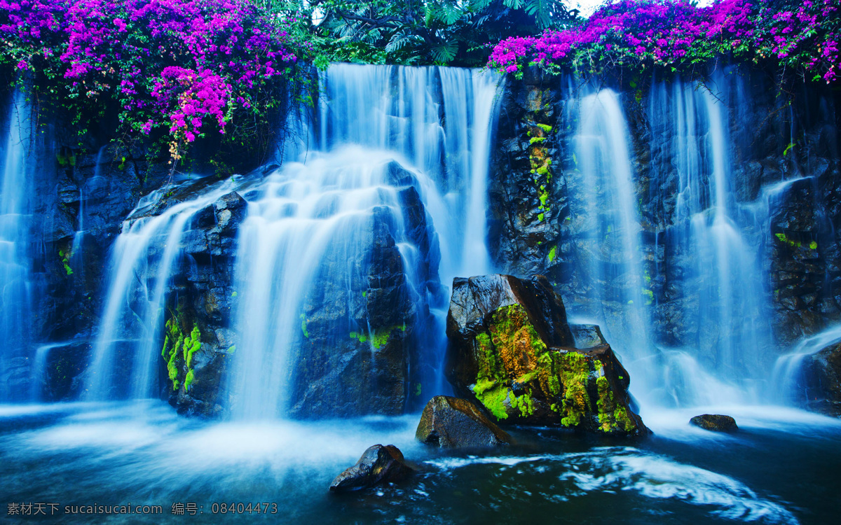 瀑布 流水 潭水 树木 山水风景 鲜花 自然风景 自然景观