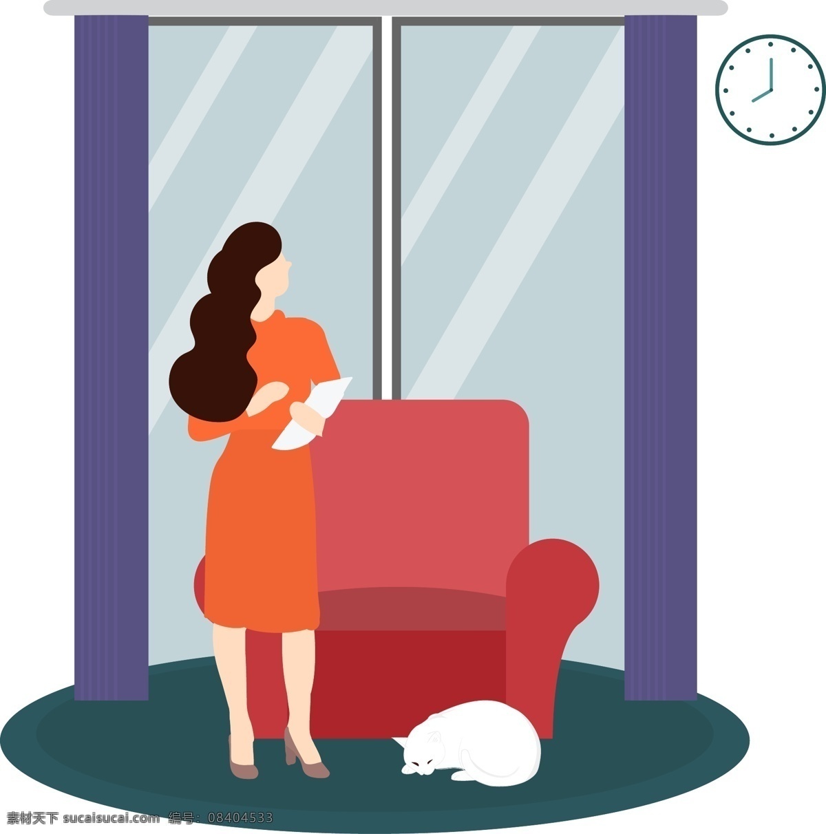 卡通 插 画风 看 时间 女人 沙发 室内 窗子 窗帘 矢量 站着的女人 长发女人 睡觉的猫咪 免抠图