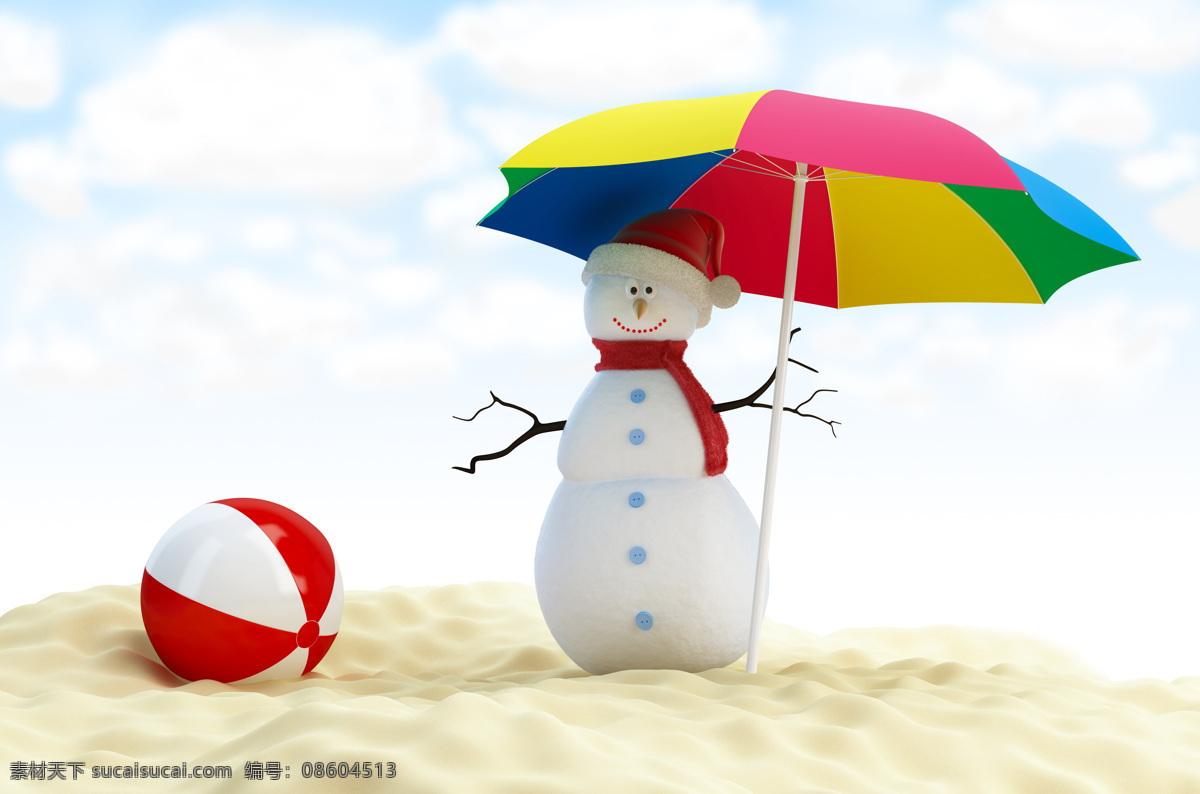卡通 雪人 太阳伞 卡通雪人 遮阳伞 排球 沙滩 圣诞节素材 圣诞节元素 节日庆典 生活百科