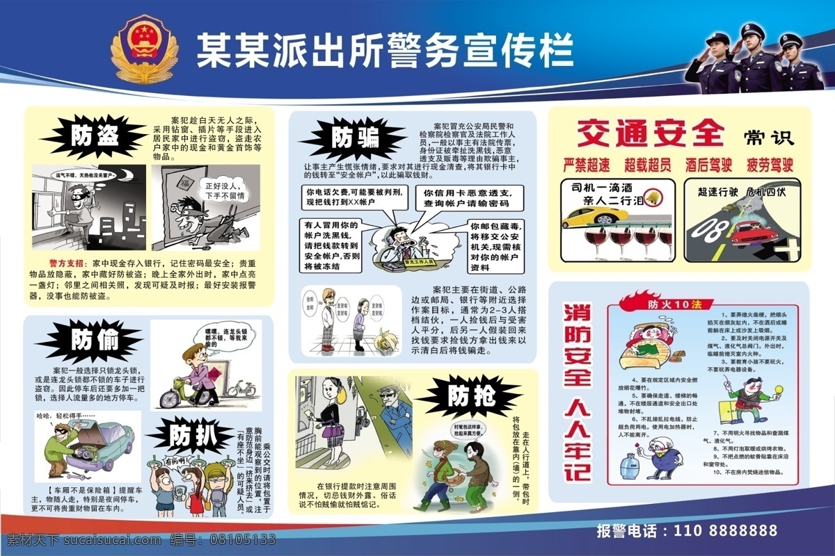 警务宣传 防盗 防抢 防骗 防扒 交通 安全 消防 防火 展板模板 广告设计模板 源文件