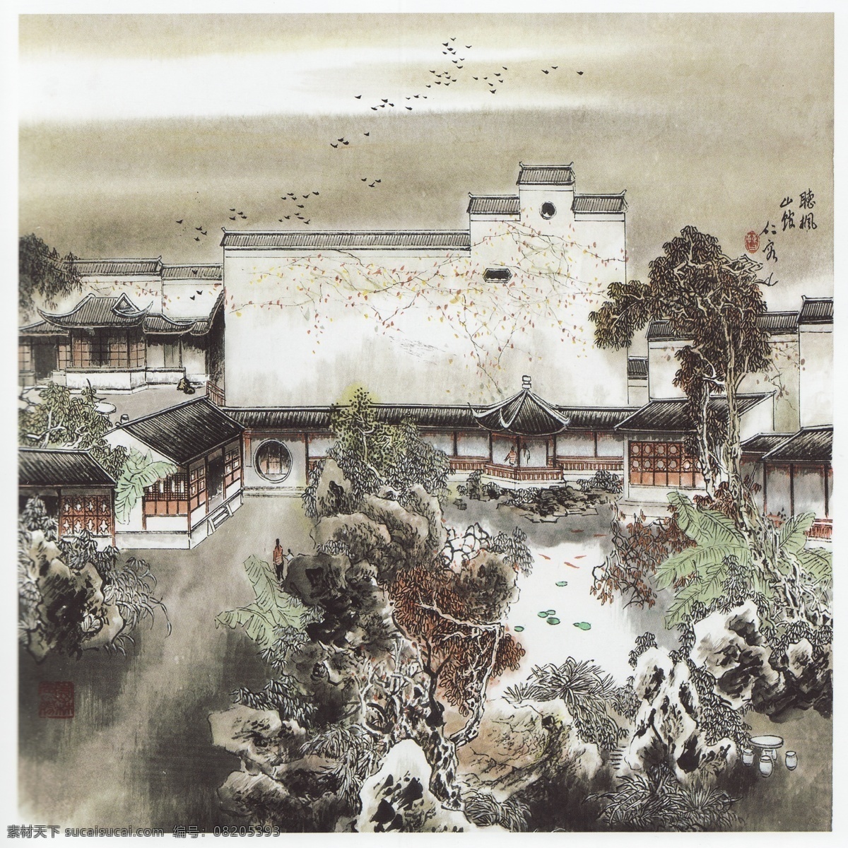 听枫园 国画 中国画 山水画 山水国画 国画山水 写意画 彩墨山水画 书法 大师作品 风景画 写意 写意国画 国画写意 园林 苏州园林 苏州 房子 建筑 名胜古迹 墨迹 水墨画 绘画 树木 植物 寺庙 假山 石头 池塘 荷塘 荷叶 枫树 苏州园林国画 绘画书法 文化艺术