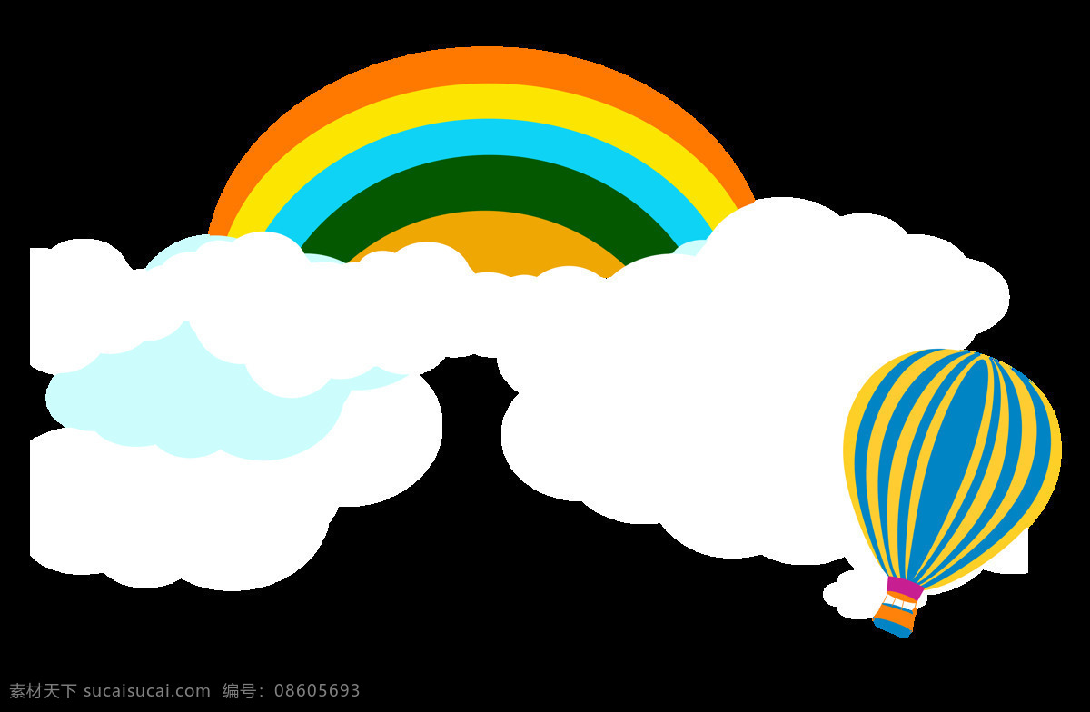 手绘 天空 彩虹 元素 小清新 云朵 热气球 卡通 png元素 免抠元素 透明元素