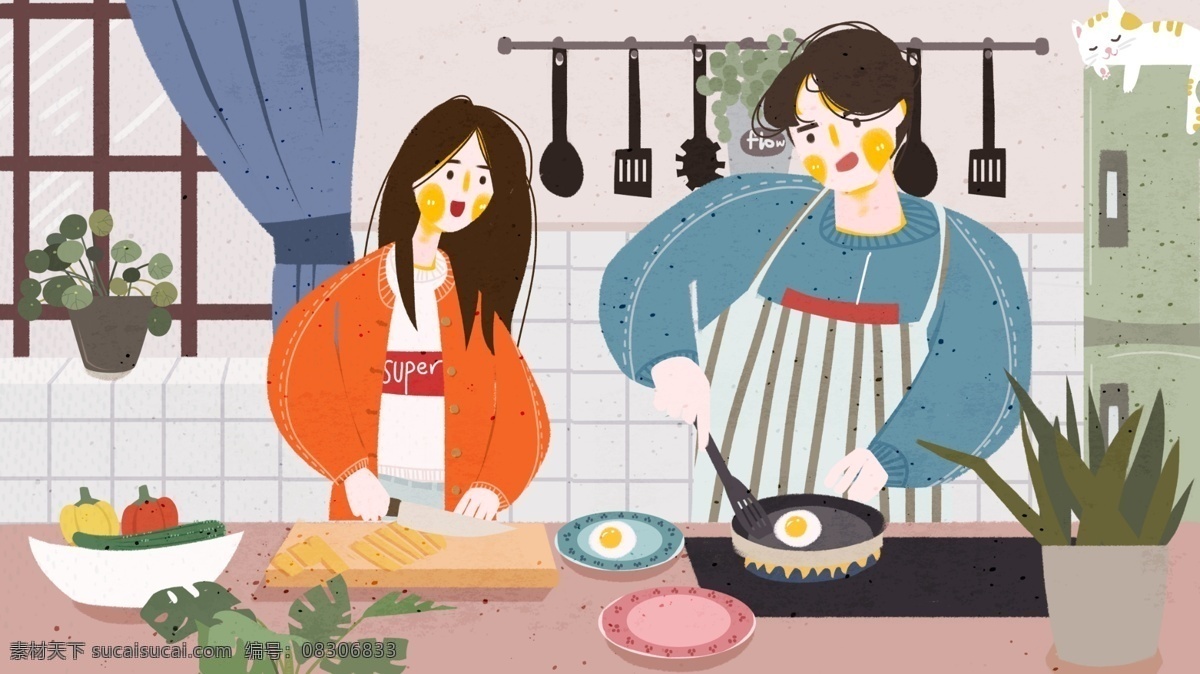 扁平 风 手绘 男孩 女孩 做 早饭 情侣 冬季 日常 插画 扁平风 手 做早饭 绘男孩 情侣冬季日常