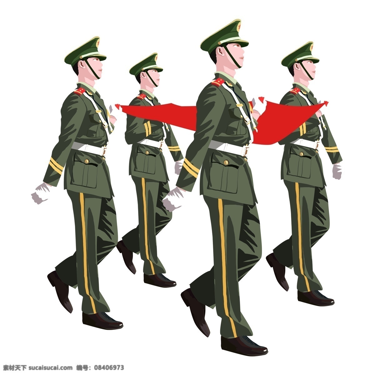 建军节 准备 升 红旗 军人 军官 节日 传统节日 当兵的人 卡通 可爱 国旗 红色 绿色 军装 套装 帽子