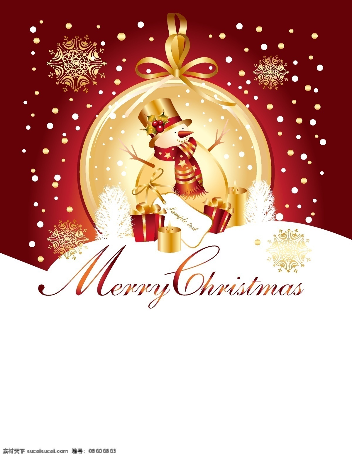 矢量 质感 圣诞节 背景 金色 红色 白色 雪人 雪景 圆框 海报 卡通 童趣 手绘