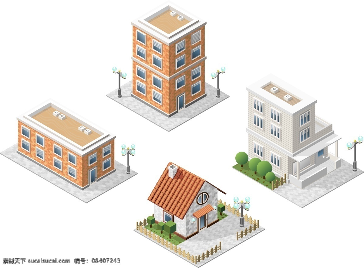 房屋 像素 建筑 城市建设 矢量 设计素材 别墅 装饰 立体 元素 独栋 小区 海报 平面
