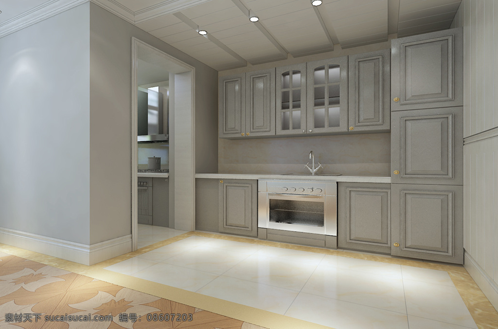 现代 简约 厨房 效果图 地板 3d 实木 灰色 地砖 模型