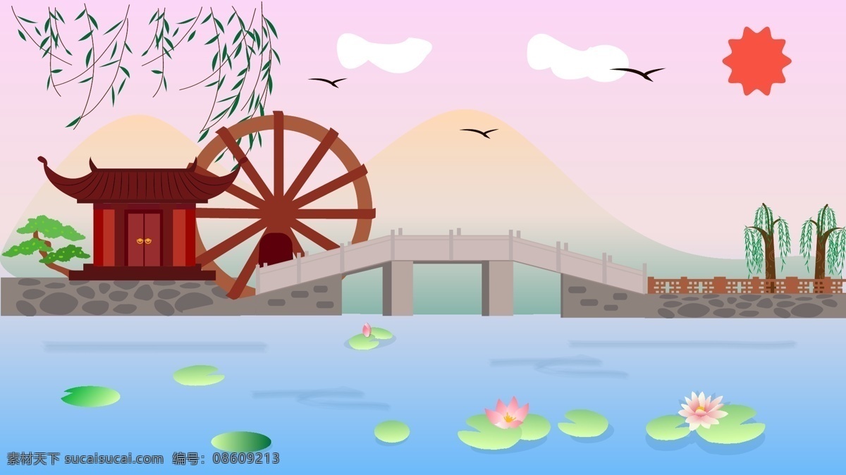古风 建筑 小桥流水 流水 荷花 柳树 矢量插画 渐变 古风建筑 小乔 古建