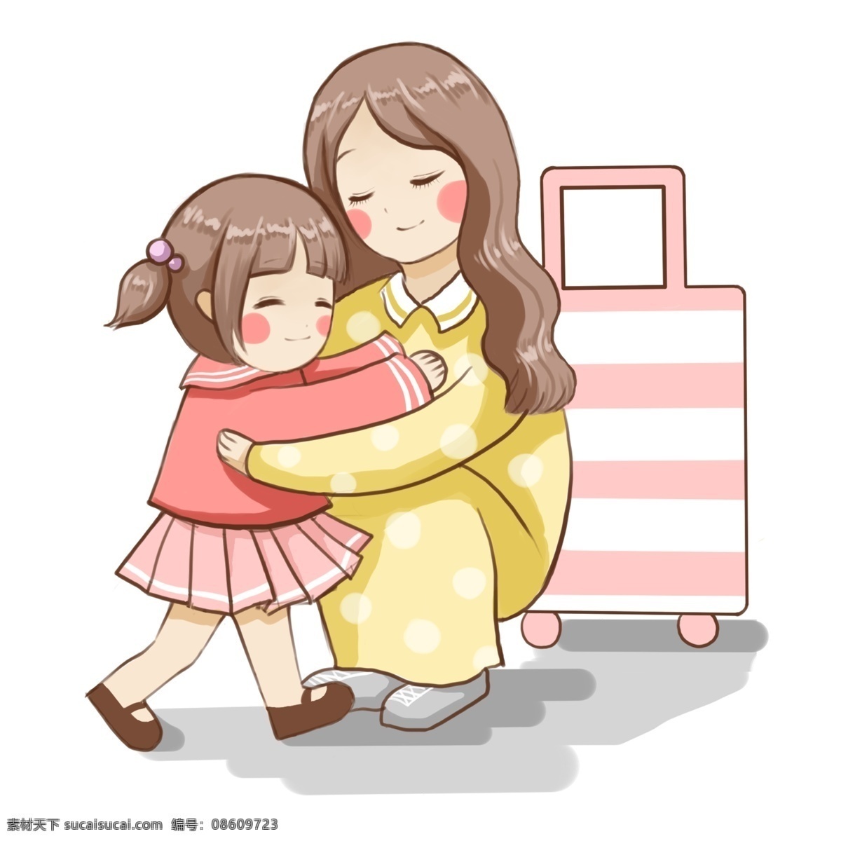 元旦 时节 妈妈 团聚 女儿 节日 欢庆 家人 团圆 卡通风 传统习俗 可爱 童话风格 暖色系 插画 壁纸 装饰画
