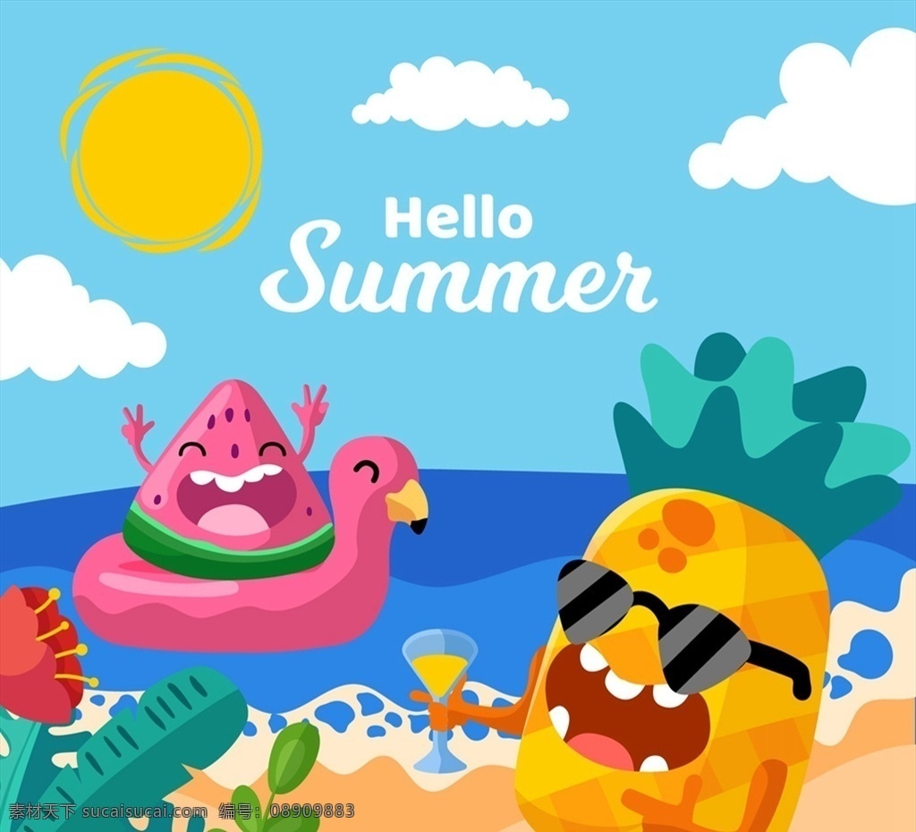 夏季 海边 度假 水果 太阳 西瓜 火烈鸟 救生圈 凤梨 菠萝 矢量 高清图片