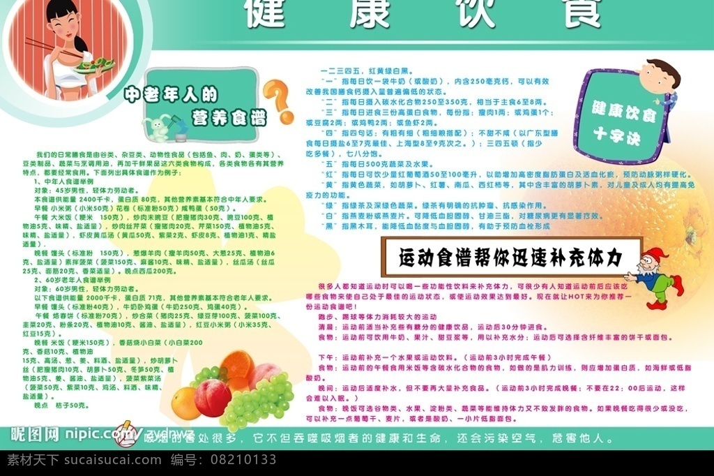 健康饮食 中老年 营养 食谱 运动食谱 补充体力 十字诀 蔬菜 卡通 橙子 广告设计模板 展板模板 源文件库