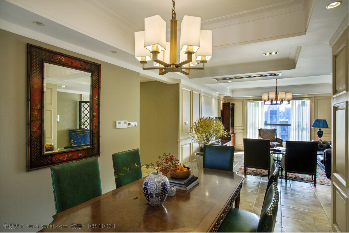 现代 客厅 深绿色 椅子 室内装修 效果图 瓷砖地板 客厅装修 木制餐桌