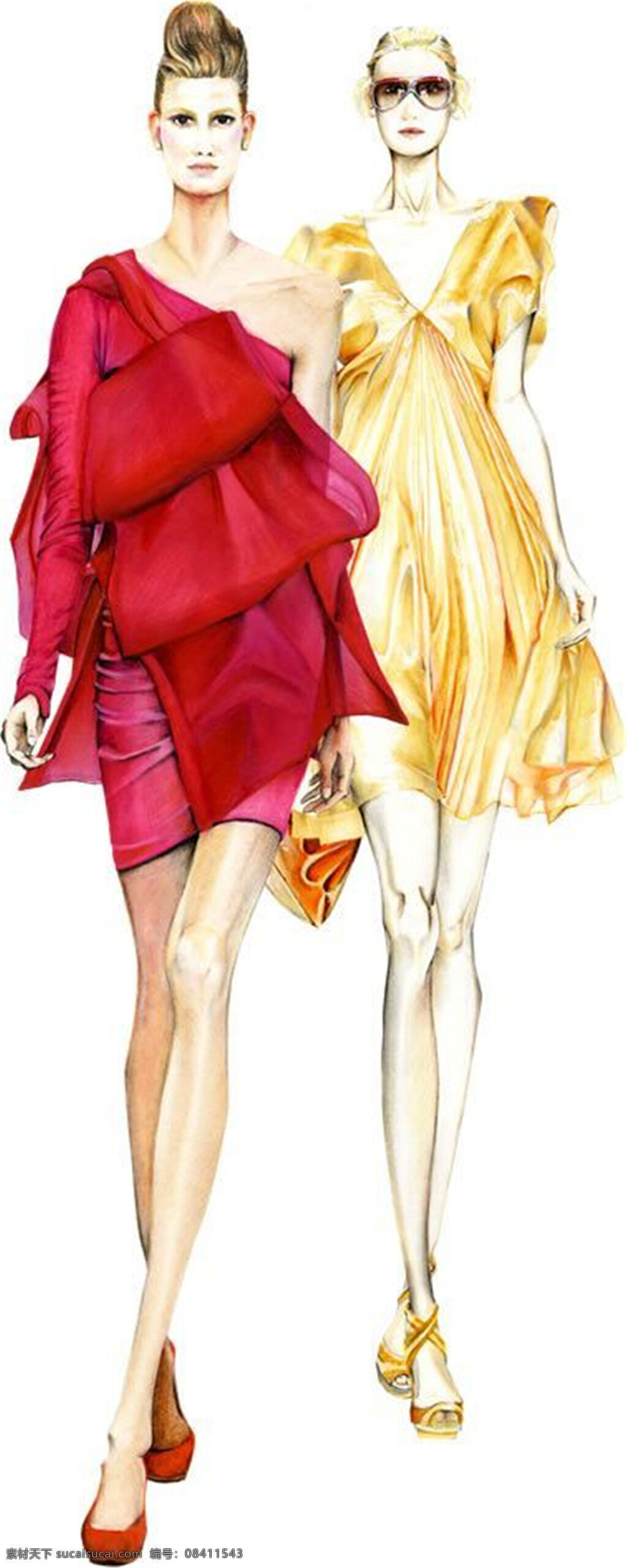 美丽 宴会 风格 艳 色 礼服 女装 效果图 服装设计 高跟鞋 红色礼服 黄色礼服 墨镜