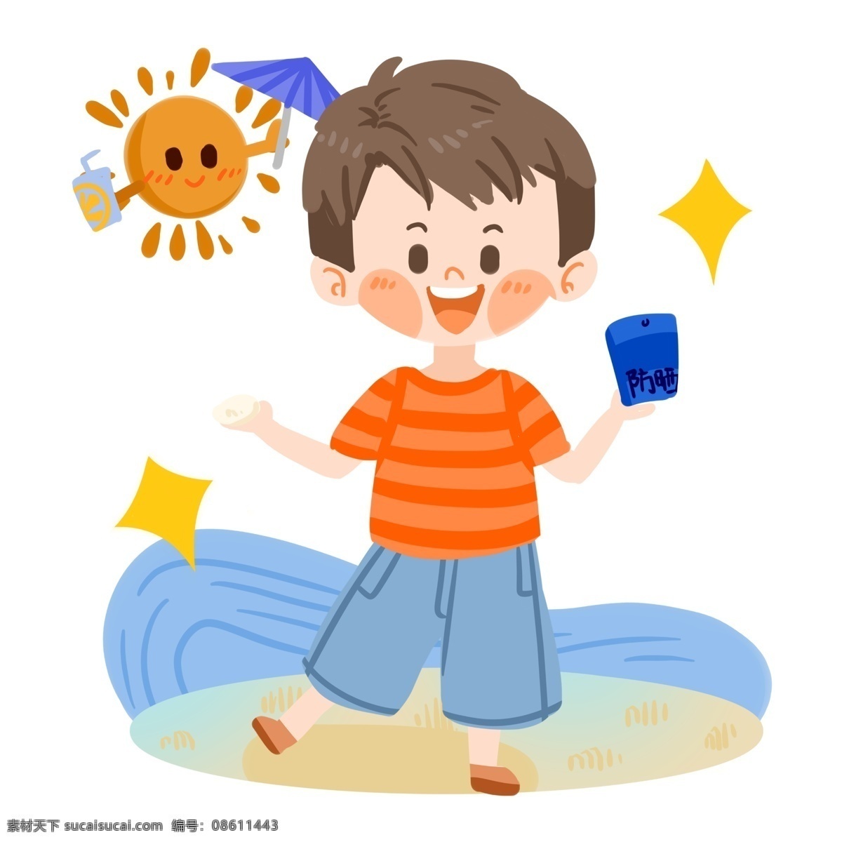 夏日 可爱 男孩 擦 防晒霜 开心 星星 擦防晒霜 太阳 大海 沙滩